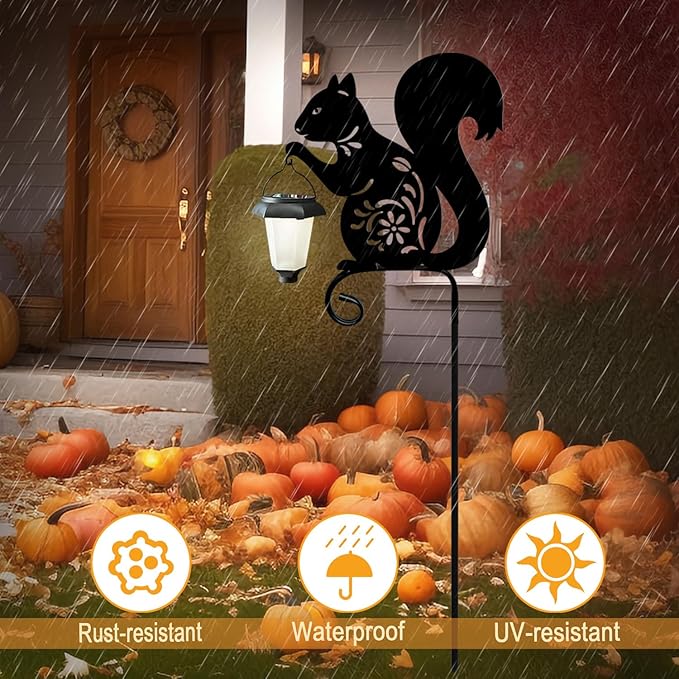 Metal Squirrel Garden Stake, Solar Lights Outdoor Solar-Powered with Lantern-Outdoor Waterproof Pathway and Garden Decorations (Black Squirrel)