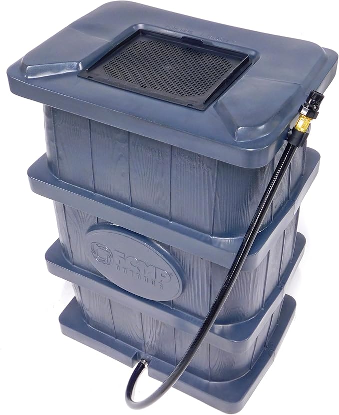 FCMP Outdoor Slim Line Design 45-Gallon Wood Grain Outdoor Home Rain Water Catcher Barrel Flat Back Container with Spigots and Mesh Screen, Grey