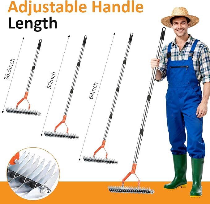 Thatch Rake -15 Inch Dethatcher Rake with Adjustable Handle, Efficient Steel Metal Gass Rakes with Handle,Heavy Duty Thatching Rakes for Lawn,Garden, Yard