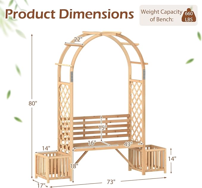 Happygrill Garden Arbor with Bench & 2 Planter, Wooden Garden Arch for Climbing Plants w/Love Seat, 2 Trellises & Planting Box to Grow Grapes & Vines, 2-Person Outdoor Wood Seating for Patio, Backyard