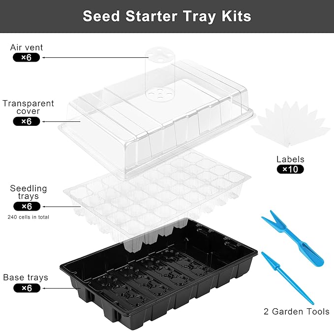 Elcoho 6 Pack Seed Starter Tray Kit 40 Cells Seedling Trays with Humidity Dome and Base Mini Propagator Plant Nursery Pots Total 240 Cells for Greenhouse Plants Growing, Black