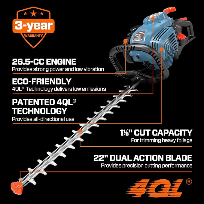 SENIX 4QL 26.5 cc 4 Cycle 22-Inch Gas Hedge Trimmer, Garden Tool to Trim Shrubs,Bushes,and More,Double Sided Dual Action Blades,1-1/8" Cutting Capacity,Includes Blade Cover and Safety Glasses(HT4QL-L)