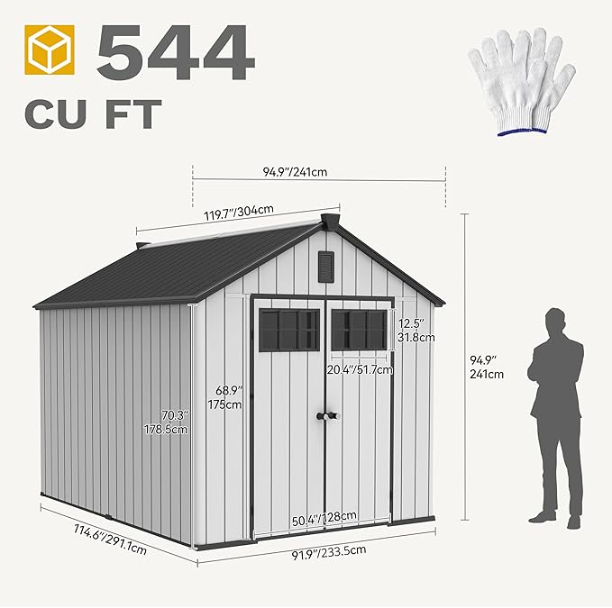 DWVO 8x10 FT Outdoor Storage Shed, 544 cuft Plastic Storage Shed with Floor & Lockable Door, All-Weather Tool Garden Shed with Window & Vent for Patio Furniture, Lawn Mower, Pool Supplies, Dark Gray