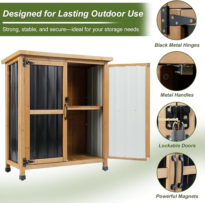 Outdoor Storage Cabinet, Wood & Metal Small Garden Tool Storage Cabinet with Weather-Resistant Asphalt Roof, Double Lockable Doors & Removable Shelves for Porch, Patio, Garden, Backyard