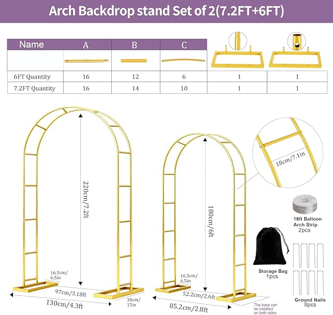 Metal Garden Arch Trellis Arbor Set of 2, 7.2FT+6.6FT Wedding Arch Stand with Steel Frame, Metal Pergola Arbor with Base for Decor Garden Trellis Climbing Plant, Bridal Party Ceremony