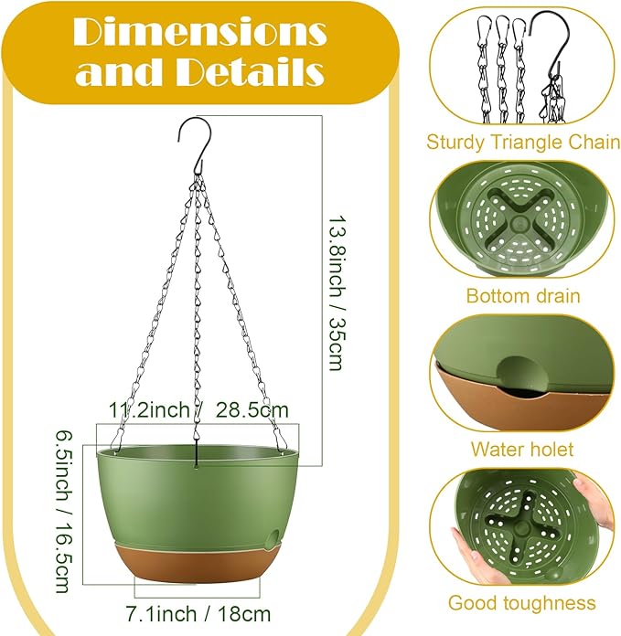 Remerry 6 Pcs 11.2 Inch Hanging Planters Hanging Plant Basket for Indoor Outdoor Plants Set Plastic Hanging Flower Pot with Drainage Holes and Removable Trays for Home Garden (White Gray Green)