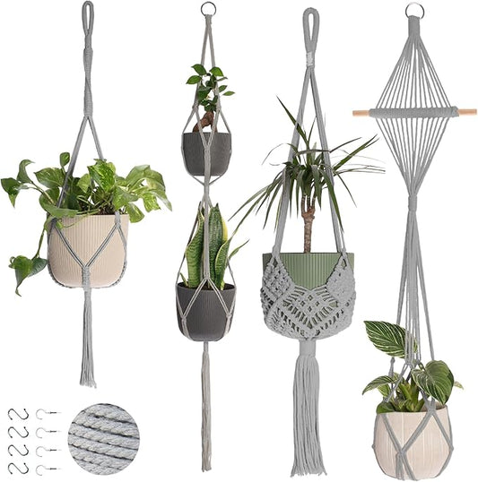 Nook Theory 4-Pack Macrame Plant Hangers with 8 Hooks - Hanging Planters for Indoor Plants, Boho Macrame Hangers Indoor Outdoor, Decorative Plant Hanger Indoor (Light Gray)