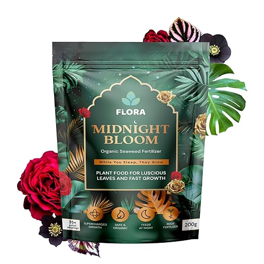Flora Midnight Bloom Organic Seaweed Fertilizer Powder – 200g | Bio-Organic Plant Food for Indoor & Outdoor Plants | Fast Root Growth & Leaf Boost | Feeds at Night | 35+ Waterings