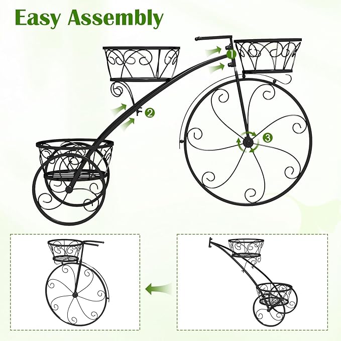 Tricycle Plant Stand, 3-Tier Metal Plant Stand Bicycle Flower Pot Cart with Hollowed Baskets, Planter Potted Holder for Patio, Garden, Deck, Lawn (Black)