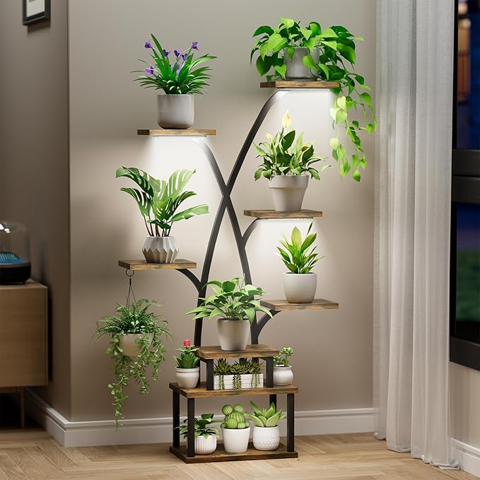 Plant Stand with Grow Lights - 8 Tiered Indoor Plants Stand, 50" Lighted Corner Plant Shelf Metal Tree-Shaped Flower Holder for Indoor Growing,Living Room Patio Corner, Decorative Rack for Living Room