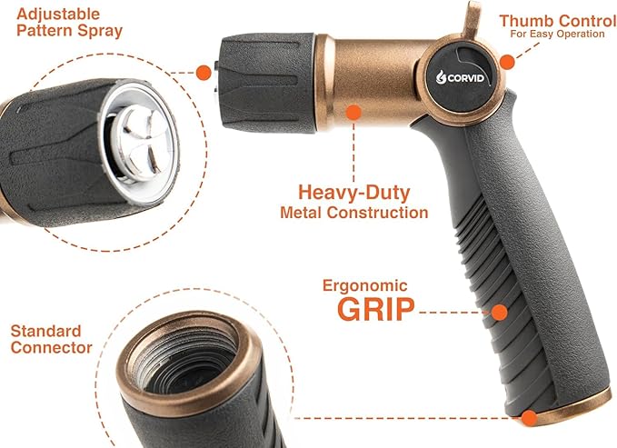 2-Pack Corvid Thumb Control Adjustable Nozzle - Heavy-Duty Metal, 1-Pattern Spray with Ergonomic Grip for Easy Water Flow Control, Ideal for Tough Cleaning and Watering Tasks like Car Washing,Garden