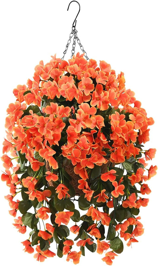 INQCMY Artificial Hanging Flowers in Basket for Fall Autumn Outdoor Decor,Faux Silk Orange Begonia in Planter UV Resistant Realistic for Home Outside Porch Garden Patio Yard Decor
