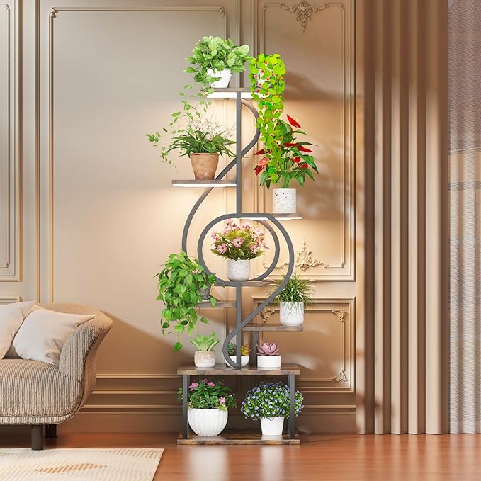 Plant Stand Indoor with Grow Light,8 Tiered Indoor Plant Stand,58" Tall Plant Flower Shelf,Creative Note Shaped Plant Holder for Home,Patio,Brown