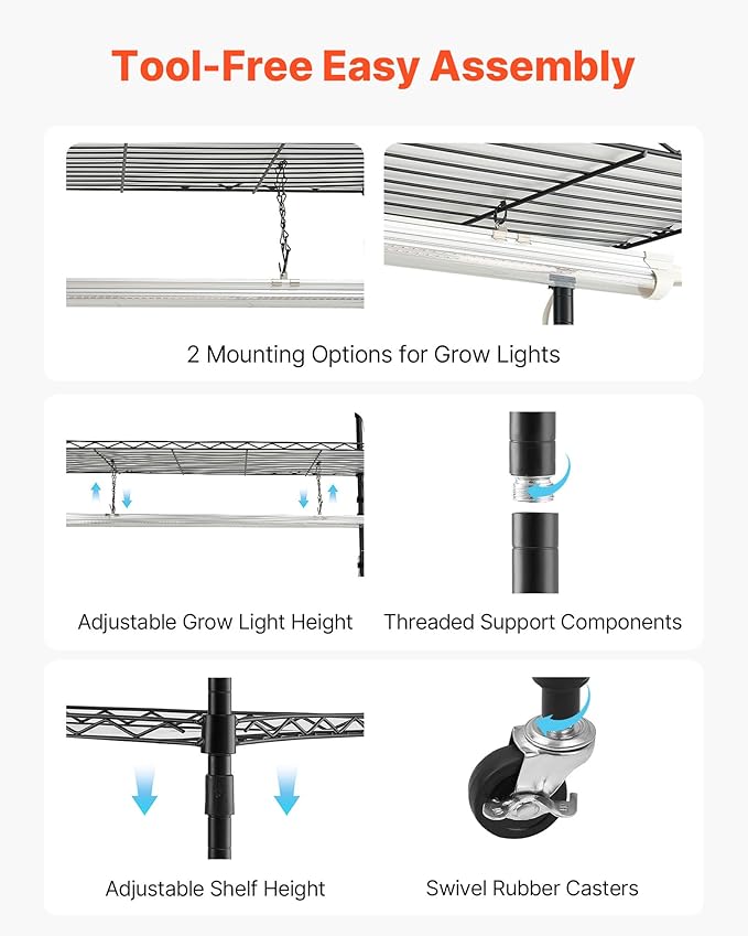 VEVOR Plant Shelf with Grow Light, 6-Tier Indoor Plant Stand, 71in Tall Indoor Plants Display Rack with Wheels & Timer, 150W 3800K Full Spectrum Grow Lights, Metal Flower Pot Holder for Seed Starting