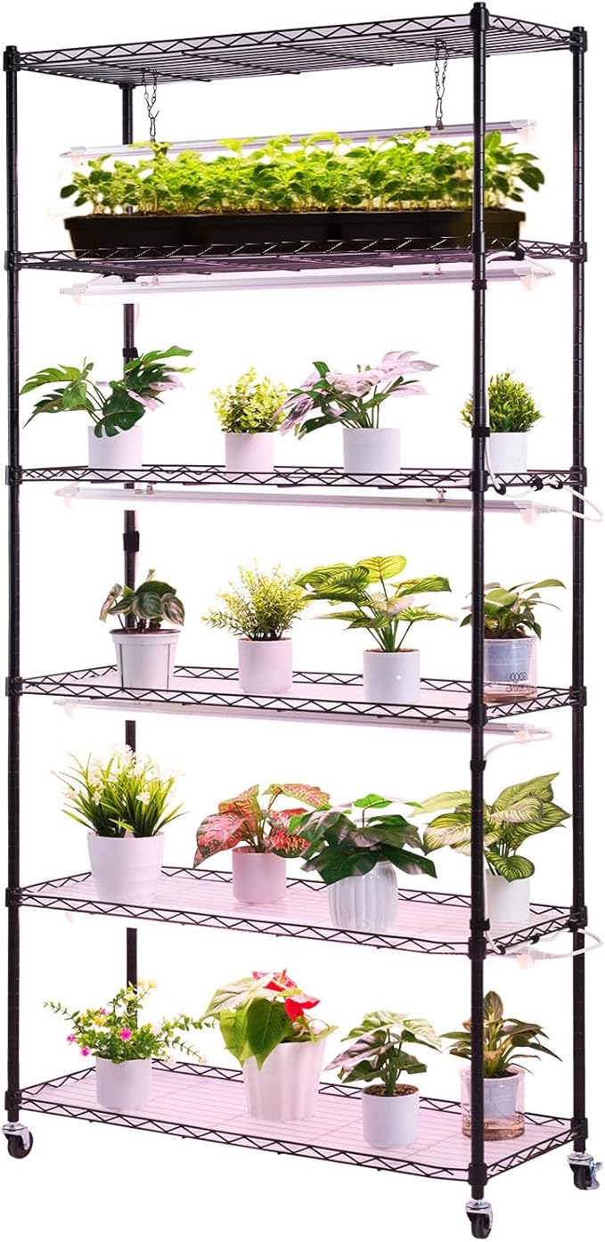 VEVOR Plant Shelf with Grow Light, 6-Tier Indoor Plant Stand, 71in Tall Indoor Plants Display Rack with Wheels & Timer, 150W 3800K Full Spectrum Grow Lights, Metal Flower Pot Holder for Seed Starting