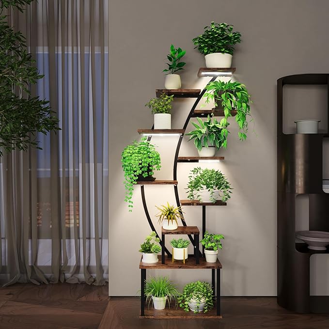 ROOMTEC Plant Stand Indoor with Grow Lights, 9 Tiered Indoor Plant Stand, 63" Metal Plant Shelf, Tall Plant Stands Indoor Multiple Stands for Living Room, Patio