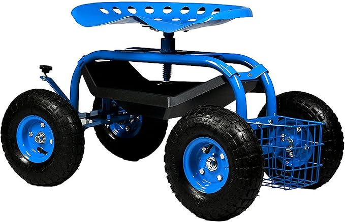 Sunnydaze Rolling Garden Cart with Seat - Garden Stool with Wheels and Adjustable 360-Degree Swivel Seat - Utility Tool Tray and Storage Basket - Blue