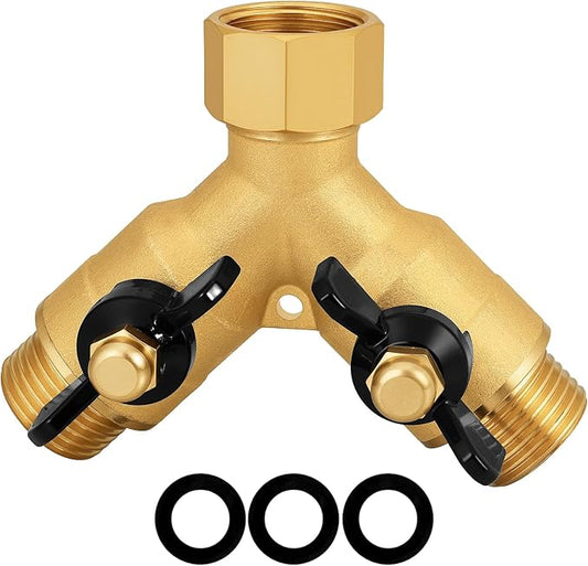Heavy-Duty Brass 2-Way High-Flow Garden Hose Splitter, Outdoor Faucet Y-Valve Diverter Connector with Butterfly Handle, Full-Flow Water Hose Adapter (Valve butterfly handle - 1-piece)