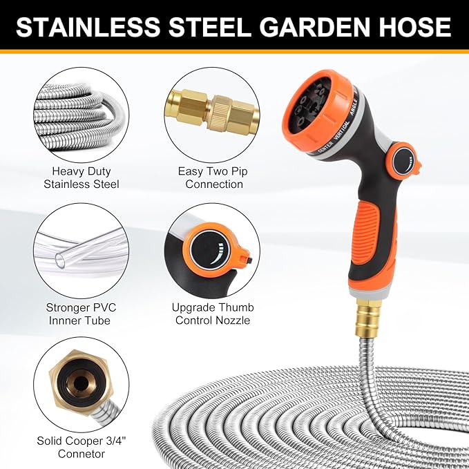Metal Garden Hose 75ft, Stainless Steel Water Hose 75ft with 10 Function Sprayer Nozzle, Leaf-Proof Kink Free Heavy Duty Lightweight for Outdoor,Yard,Lawn,Patio, Car