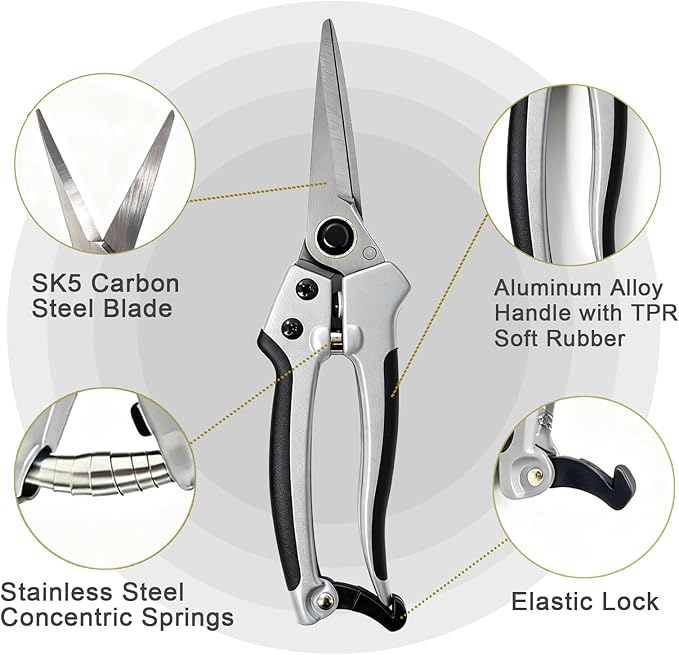 2 Pack Garden Pruning Shears, Heavy Duty Garden Scissors & Clippers for Wood & Tree Trimming, Safety Lock, for Cutting Flowers, Trimming Plants, Picking Fruits (Black and white)