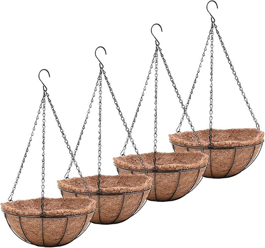 8 inch Metal Hanging Baskets For Plants Outdoor 4 Pack Round Metal Wire Hanging Basket Planter with Coco Fiber Liners Chain Round Wire Plant Holder for Garden, Patio, Deck, Porch Plants Flower Potss