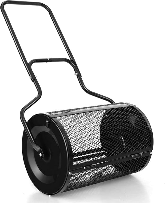 Goplus 24 inch Compost Spreader for Lawn, Lightweight Metal Mesh Lawn Roller Double Side Latches for Topdressing & Seedling, Fertilizer Topsoil Peat Moss Spreader Roller, Garden Yard Care (Black)