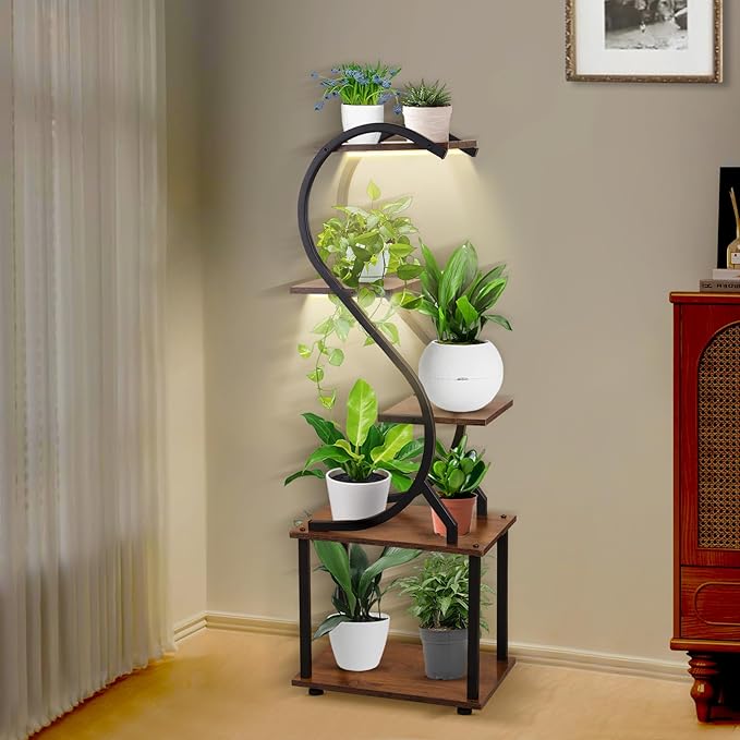 Plant Stand Indoor with Grow Light - 5 Tiered Plant Shelf Indoor, Corner Plant Stand, 43" Tall Plant Shelf with Lights for Indoor Growing, Lighted Flower Holder for Living Room, Balcony, Black