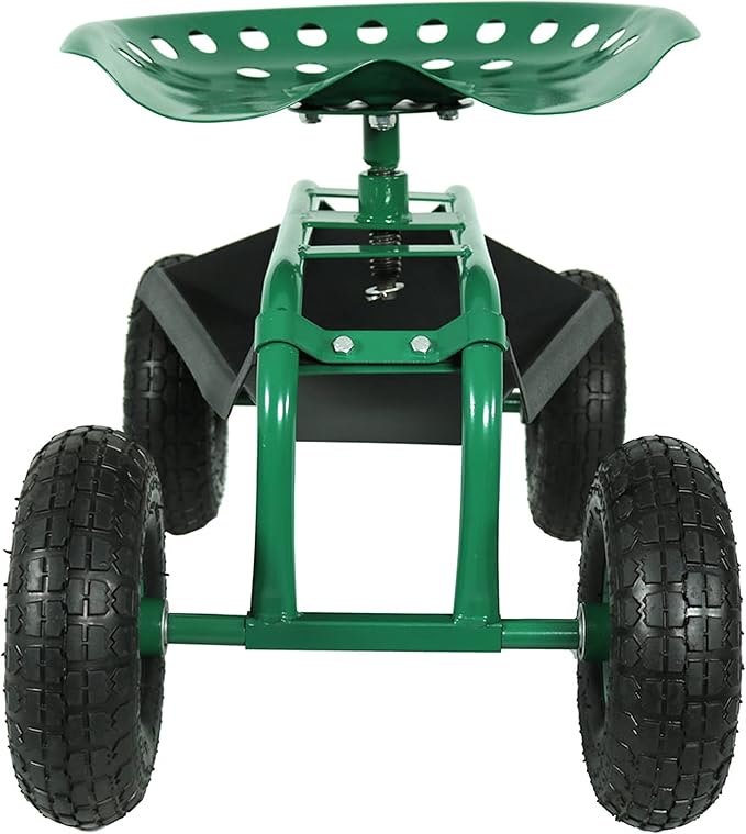 Sunnydaze Rolling Garden Cart with Swivel Seat and Storage - Rolling Garden Seat with Wheels - Gardening Stool with Wheels - Green
