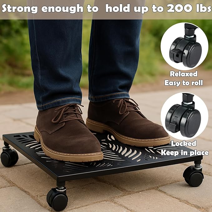 2-pack 12 Inches Square Metal Plant Caddy with Wheels Heavy Duty Large Rolling Plant Stand Indoor Outdoor Wheeled Planter Dolly Cart with Lockable Casters Flower Pot Mover Roller Trolley, Black