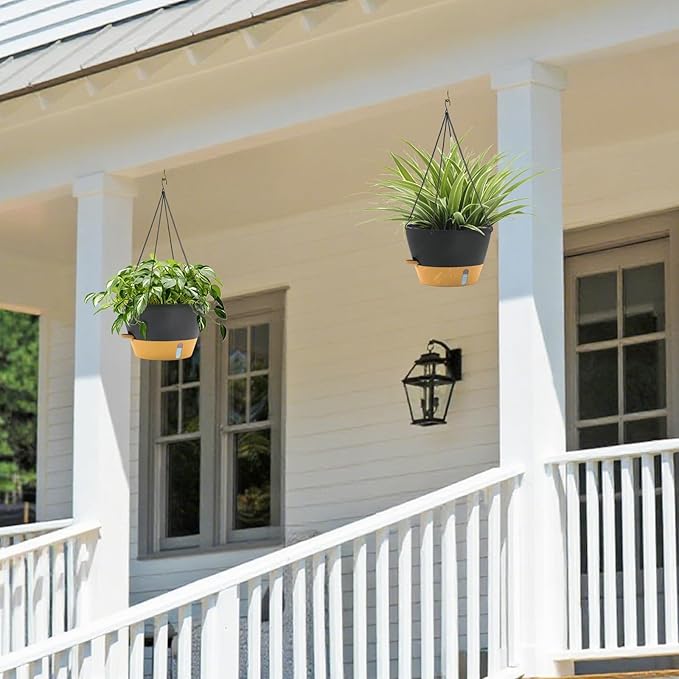 ZMTECH 12 Inch Large Hanging Planters for Outdoor Plants, Self Watering Hanging Planter with Visual Reservoir, Hanging Baskets for Plants Indoor with Drainage Hole and Plant Hanger(3 Pack, Gray)