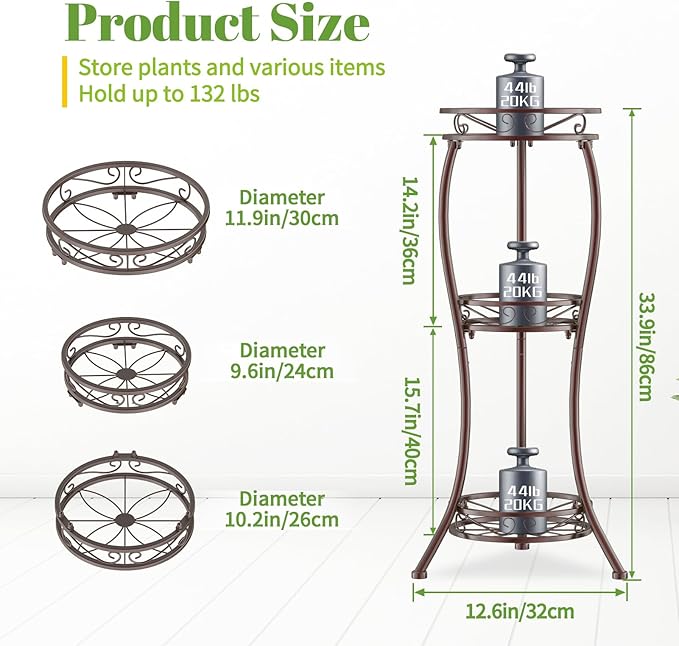 iDavosic.ly 3 Tier Tall Metal Plant Stand Indoor Outdoor, Wrought Iron Corner Flower Pot Holder Shelf, 34 Inch Vertical Display Rack for Patio Porch Living Room Garden, Bronze