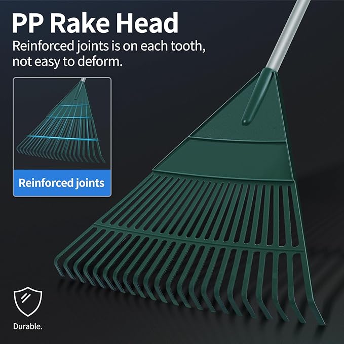Garden Leaf Rake, 60" Garden Rakes with Foldable Lightweight Steel Handle, 22 Tines Plastic Head Shrub Rake, Folding Yard Garden Rake for Lawns, Grass, Flower Beds Leaves Cleaning, Silver & Green