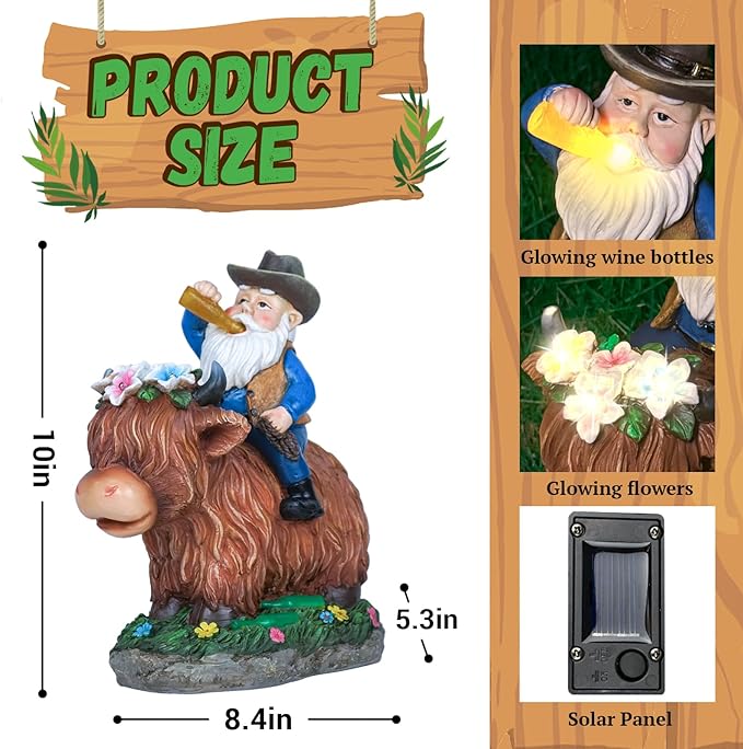 Gnome Gifts for Women, Solor Statue for Garden, Gnome and Highland cow Figurine with Lights, Outdoor Decorations for Yard Lawn Patio, Gifts for Mom Grandma Mother in Law Gardener Mother'Day