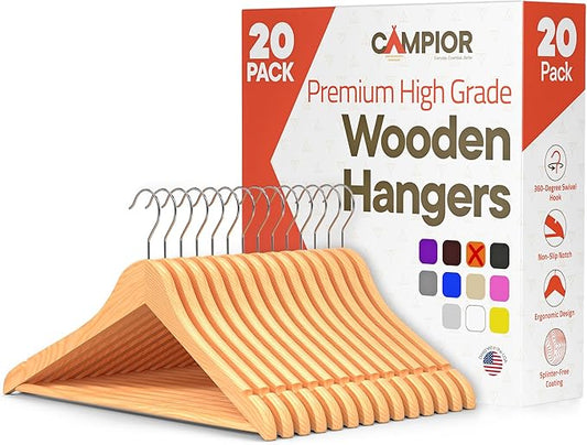 Natural Wooden Hangers 20 Pack – Heavy-Duty with 360° Swivel Hook, Non-Slip, Pants Bar & Shoulder Grooves - Wooden Hangers for Suits, Jackets, Dresses & Camisoles, Space-Saving and Smooth Finish