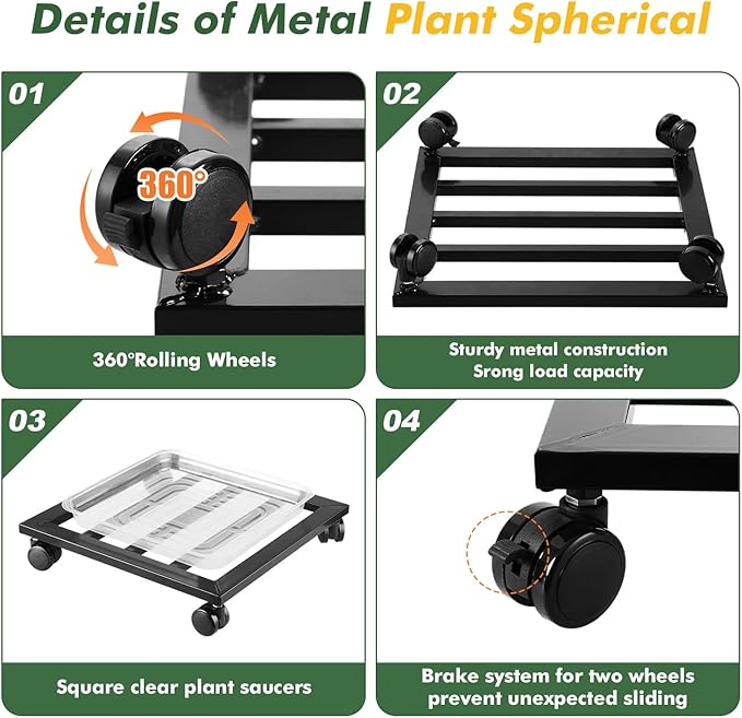 2 Packs 16 inches Extra-Large Metal Plant Caddy with PU Wheels Square Planter Dolly Pot Mover Rollers Iron Rolling Wheeled Plant Stands Indoor Outdoor Plant Holder Coaster Trolley, Black