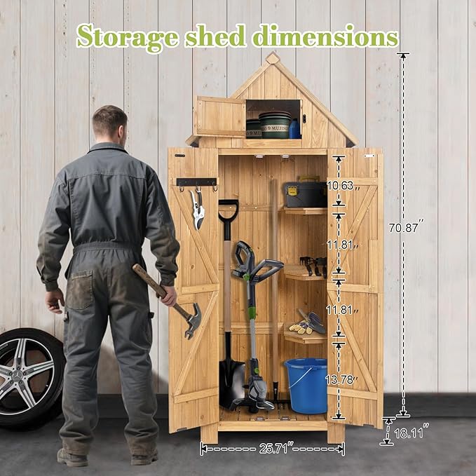 Wooden Outdoor Storage Shed with Double Doors,70” Tall Waterproof Storage Shed with Lock,Sheds & Outdoor Storage with Windproof Tipping for Deck,Backyard Garden and Yard