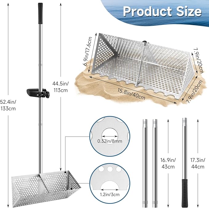 SAN LIKE Sand Scoop for Metal Detecting Stainless Steel Sand Sifter Shovel 52.4in Long Handle Sand Scoop with Shovel for Metal Detecting Sand Sifter for The Beach Sand Flea Rake for Beach