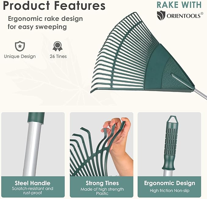 ORIENTOOLS Garden Leaf Rake, Garden Rakes for Lawns Leaves with 65.7" Foldable Handle Rake, 26 Strong Tines Plastic Head Shrub Rake, Yard Garden Rake for Lawns, Grass, Flower Beds Leaves Cleaning