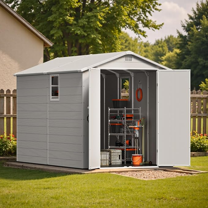 Patiowell 6x10FT Outdoor Storage Shed with Floor, Plastic Resin Garden Shed with Lockable Door, Windows, Weather-Resistant for Lawn Mower, Tool & Backyard Storage (Light Grey)