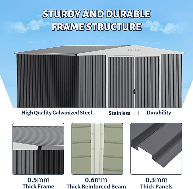 GarveeLife 9x12 Shed for Outdoor Storage, Galvanized Steel Metal Tool Sheds House with Lockable Doors, Lock & Air Vent, Large Utility Sheds for Patio Garden Lawn (9x12.6, Grey)