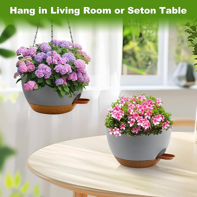 3 inch Hanging Planters for Indoor Plants, 3 Pack Self-Watering Hanging Planter Pots with Chain and Drainage Holes, Outdoor Plastic Hanging Baskets for Garden Home Decor (Grey With Brown, 3pcs/10inch)