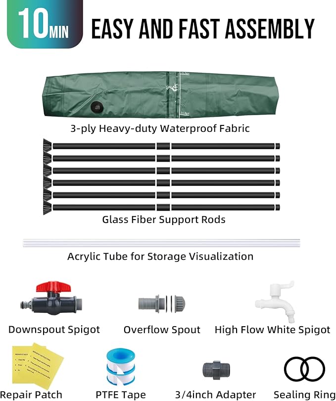 Collapsible Rain Barrel Water Collection System - 53 Gallon Portable Water Storage Tank,Foldable Rainwater Collect System Downspout, Water Catcher Container with Filter, Spigots＆Overflow Kit