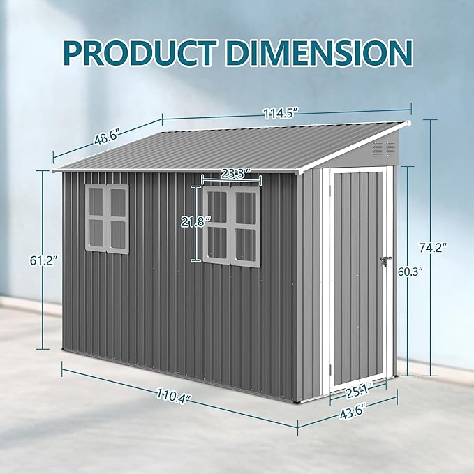 4X10 FT Outdoor Storage Shed W/ 2 Windows & Floor Frame,Lean to Shed W/Reversible Installation,Metal Garden Tool House W/Air Vents,Lockable Door & Sloped Roof,for Backyard Patio Lawn,Gray