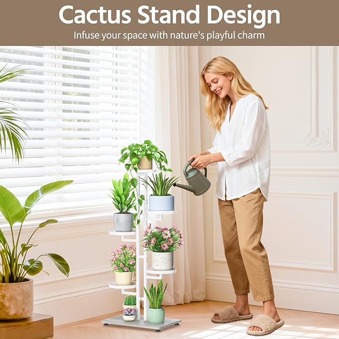 LASZOLA White 5 Tiered Plant Stand Indoors Heavy Duty Metal Rack, Sturdy Multi Level Shleving Hold Flowers, Larger House Decorate Ladder for Planting Inside Tree Herb Cactus, Wooden Base, Space Saving