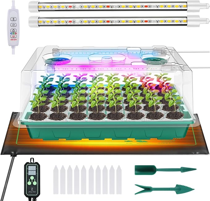 Seed Starter Tray with Grow Light and Thermostat Controller Heat Mat, 10"x 20.75" Heat Mats for Plant Growing，68-113°F Adjustable，Color Change Grow Lights，Germination Trays Kits