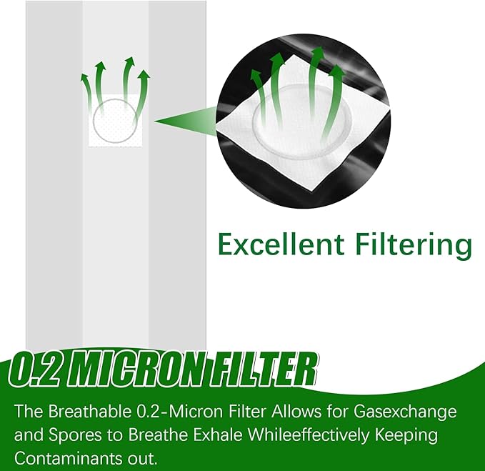 Mushroom Grow Bags, 50 Pack 6 Mil Polypropylene Mushroom Substrate Bags, 8"x5"x20" with Breathable 0.2 Micron Filter Patch, Large Autoclavable Bags for Substrates Strong Tear Resistant