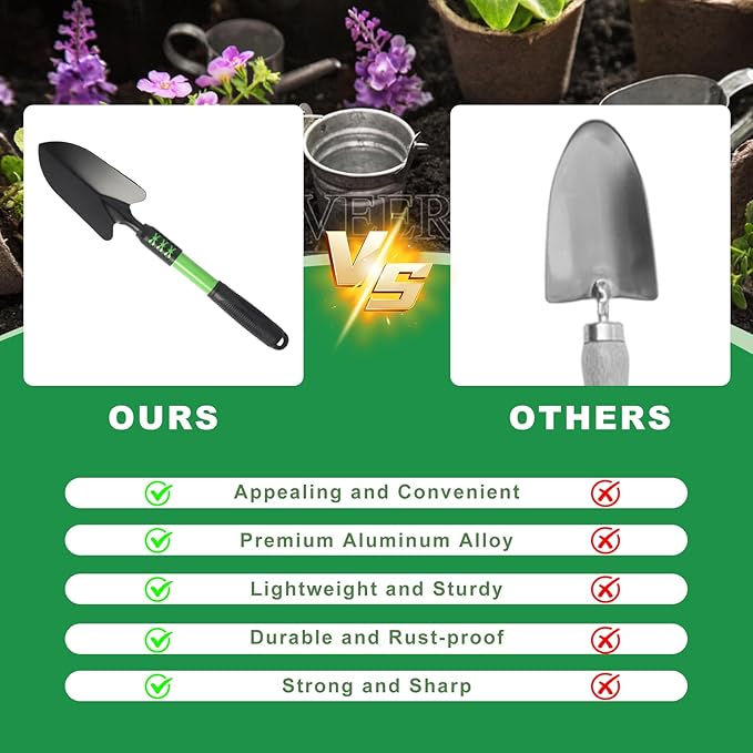 Garden Tool Set, 4 Pack Gardening Tools, Stainless Steel Heavy Duty Hand Cultivator, Hoes, Shovel, for Planting Weeding Digging, Gardening Gifts for Women, Green