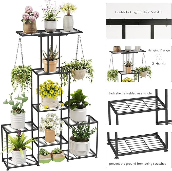 Plant Stand Indoor Outdoor, Metal 6 Tier Tall Hanging Plant Shelf for Multiple Flower Planter Large Heavy Duty Ladder Plant Holder for Garden, Black (y-202)