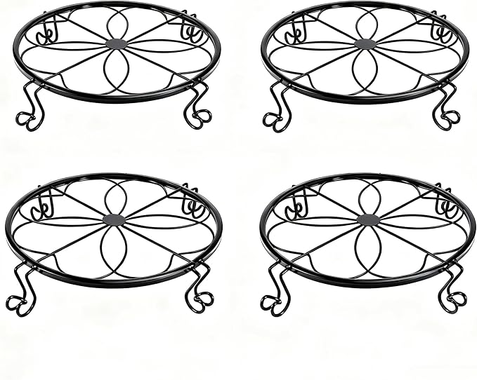 1/2/4 Pack 10/12 Inch Heavy Duty Iron Plant Stands - Rustproof Metal Flower Pot Holder for Indoor Outdoor Use, Round Wrought Iron Planter Stand for Corner Gardening, Patio, Balcony Decor- Black (12IN4PCS)