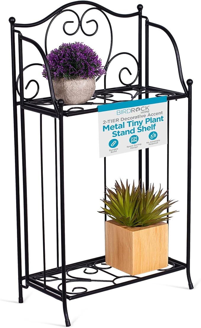BIRDROCK HOME 2-Tier Metal Tiny Plant Stand Shelf - Decorative Mediterranean Scroll Design - Lightweight Folding - Black Metal Holder Rack - Indoor or Outdoor Use - Great for Small Spaces - Small